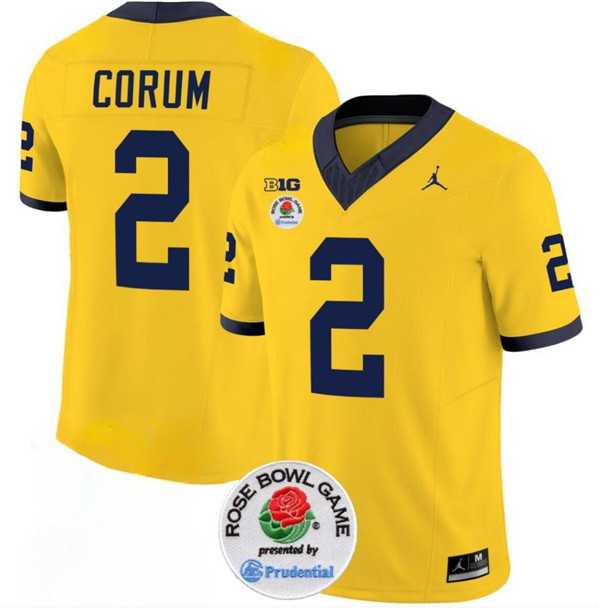 Men%27s Michigan Wolverines #2 Blake Corum 2023 F.U.S.E. Yellow Rose Bowl Patch Stitched Jersey Dzhi